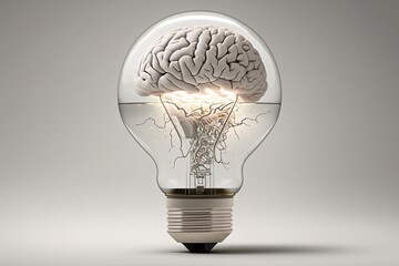 Illustration of light bulb with brain, ideas and creativity concept, white background. Generative AI