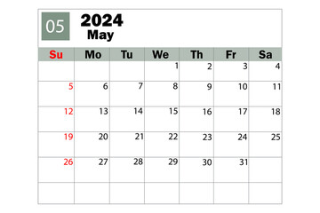 May 2024 calendar. Diary calendar. Daily planner. Vector illustration.
