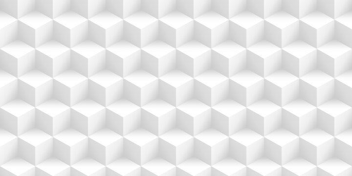 Seamless abstract minimal white isometric cubes background texture transparent overlay. Modern geometric squares backdrop or wallpaper pattern. Grayscale displacement, bump or height map 3D rendering.
