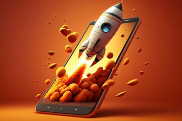 Rocket coming out of cell phone screen, startup concept, orange background. Generative AI