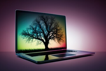 Tree on laptop screen, gradient background. Generative AI