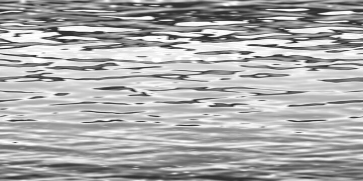 Seamless realistic water ripples and waves transparent texture overlay. Glistening clear refreshing ocean or sea summer repeat pattern background. Grayscale displacement or height map 3D rendering.
