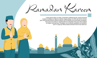 ramadan design template for brochure, poster, social media post, or greeting card with illustration of muslim couple character