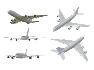 3d rendering of a clean white commercial airplane from various perspective angles