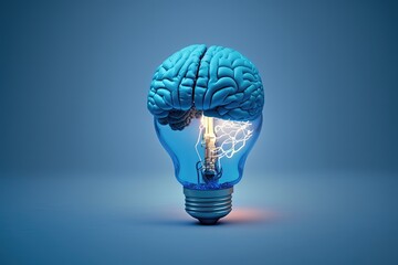 Illustration of light bulb with brain, ideas and creativity concept, blue background. Generative AI