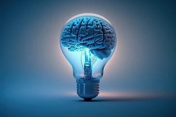 Illustration of light bulb with brain, ideas and creativity concept, blue background. Generative AI