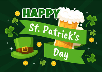 Happy St Patricks Day Illustration with Golden Coins, Green Hat, Beer Pub and Shamrock for Landing Page in Flat Cartoon Hand Drawn Templates