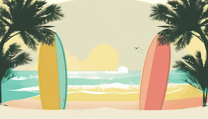 Fototapeta na wymiar Surfboard on tropical beach abstract background. Graphic illustration design. Generative AI