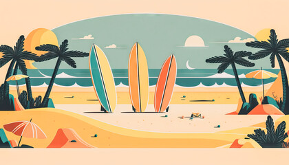Surfboard on tropical beach abstract background. Graphic illustration design. Generative AI