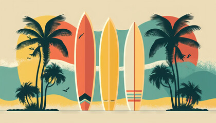 Surfboard on tropical beach abstract background. Graphic illustration design. Generative AI