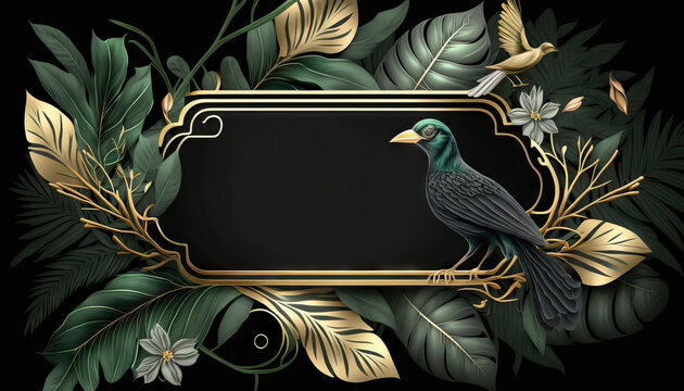 Luxury Metalic Frame Bird And Tropical Leaves Nature Abstract Background. Generative AI