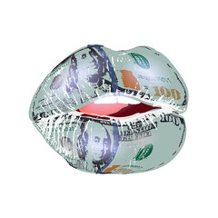 Dollar mask on the lips, money kiss with an imprint of an expensive banknote. Vector art on a transparent background.