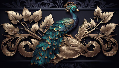 Luxury metalic peacock and tropical leaves nature abstract background. Generative AI