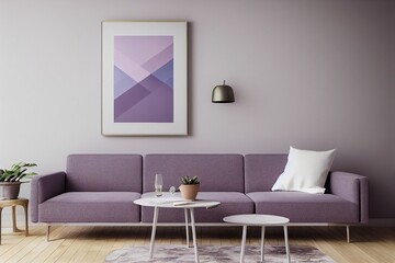 Beautiful Modern Living Room Interior Mockup Frame minimal furniture lamp cozy couch pillows wall sconce purple monochrome accent wall made with 
Generative Ai
