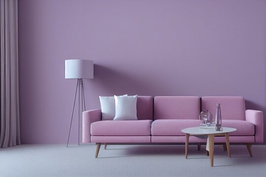 Beautiful Modern Living Room Interior Mockup Frame Minimal Furniture Lamp Cozy Couch Pillows Wall Sconce Purple Monochrome Accent Wall Made With 
Generative Ai