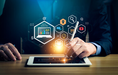 Digital online marketing commerce sale concept, Promotion of products or services through digital channels search engine, social media, email, website, Digital Marketing Strategies and Goals. SEO PPC