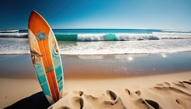 Beautiful surfboard on the beach background. Sport and nature concept. Generative AI