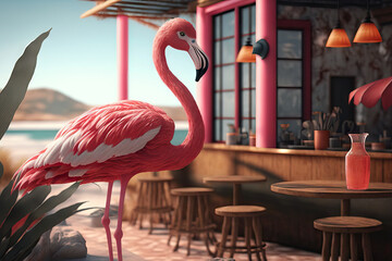 Flamingo and beach bar background. Travel vacation and summer concept. Generative AI