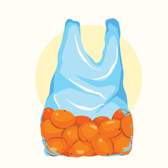 Orange fruit in plastic bag vector illustration isolated on square template. Natural food drawing with cartoon simple flat art style.