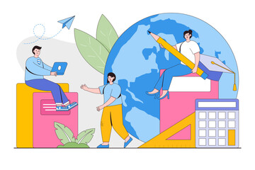 Education and learning knowledge concept with characters. School, university and college graduation. Personal growth degree and development using book research, teacher and literature