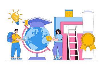 Education and learning knowledge concept with characters. School, university and college graduation. Personal growth degree and development using book research, teacher and literature