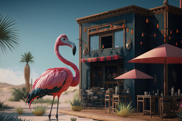 Flamingo and beach bar background. Travel vacation and summer concept. Generative AI