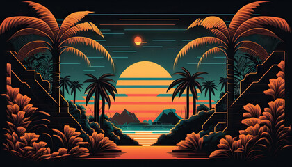 Landscape of tropical nature background illustration. Retro tone color style. Generative AI