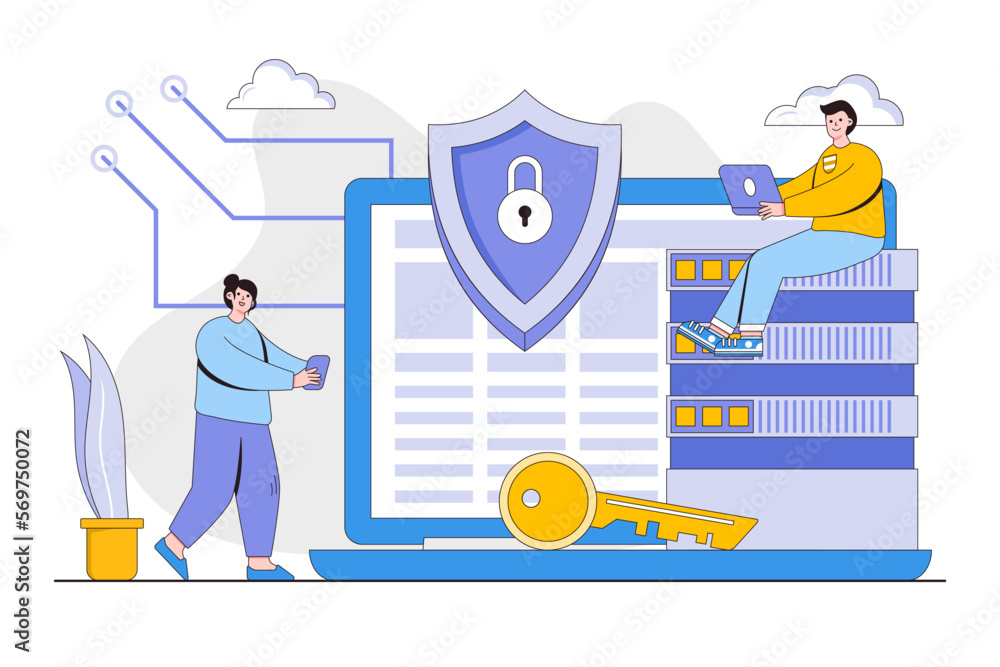Poster cyber security vector illustration concept with characters. data security, protected access control,
