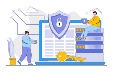 Cyber security vector illustration concept with characters. Data security, protected access control, privacy data protection. Modern flat style for landing page, web banner, infographics, hero images