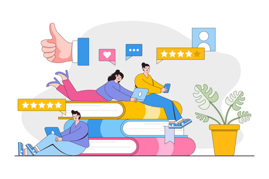 People give review rating and feedback concept. Customer choice. Rank rating stars feedback. Outline design style minimal vector illustration for landing page, web banner, infographics, hero images