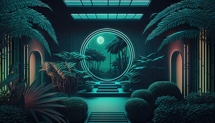 Landscape of tropical nature background illustration. Retro tone color style. Generative AI