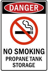 Propane warning sign and labels no smoking propane tank storage