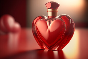 Red heart shaped perfume bottle. Love is a feeling of affection and demonstration of affection that develops between beings who have the ability to demonstrate it. Love, present and valentines. - obrazy, fototapety, plakaty