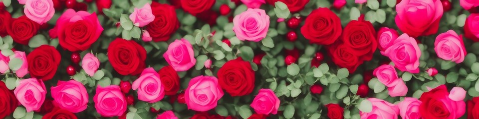 red pink flowers roses and green leaf romantic background, generative ai