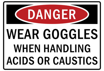 Safety equipment sign and labels wear goggles when handling acid or caustic