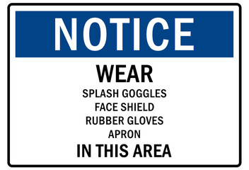 Safety equipment sign and labels wear splash goggles, face shield, rubber gloves, apron, in this area