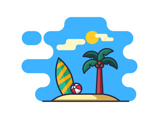 Fototapeta na wymiar Illustration of beach and the tropical island with palm tree and surfing board vector illustration icon isolated on a white background.