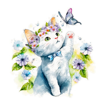 a playing cat and flowers isolated cartoon