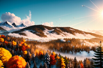 White cute bird in autumn forest. Digital painting art. Generative AI