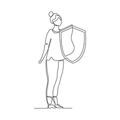 Continuous single one line drawing art of business woman holding shield protection security. Vector illustration of finance defense guard and health care.