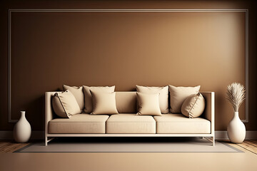 Modern living room with a sofa in chocolate brown tones. Clean minimalist background with contemporary design. Modern interior design, generative ai.