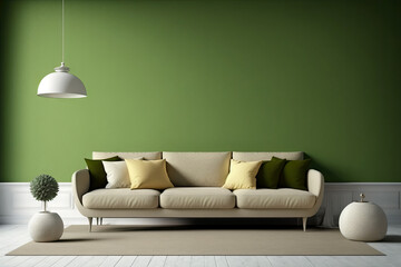 Modern living room with a sofa in green tones. Clean minimalist background with contemporary design. Modern interior design, generative ai.