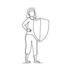 Continuous single one line drawing art of business woman holding shield protection security. Vector illustration of finance defense guard and health care.