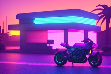 Futuristic motorbike on a vibrant colorful retrowave landscape with a grid pattern in the cyberspace. Generative AI