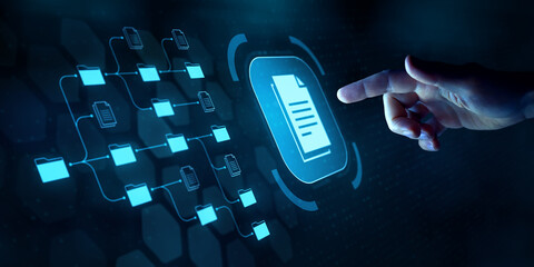 Document management system (DMS) and business process automation technology. Finger touching document icon on virtual screen. File storage and archiving. ERP. Folder structure.