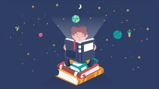 World book day - Kid reading imagination, animation