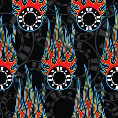 Poker chips repeating tile background. Casino chips and tribal fire flames seamless pattern vector image wrapping paper design.