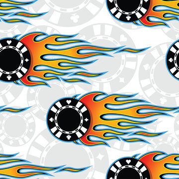 Poker chips and tribal fire flame seamless pattern vector art image. Flaming Casino chips continuous background wallpaper texture.