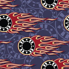 Casino poker wallpaper design vector image. Repeating tile background of Poker chips and fire flame seamless pattern texture.