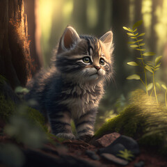 Naklejka na ściany i meble a baby cat exploring outside in the woods Generative Ai
